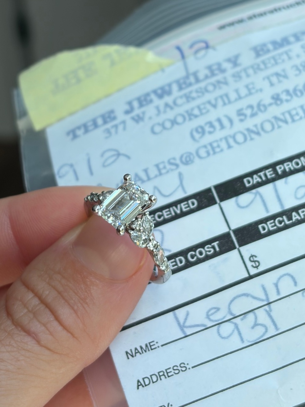 14k White Gold Pear and Round Diamond Twist Engagement Ring with Emerald Cut Lab